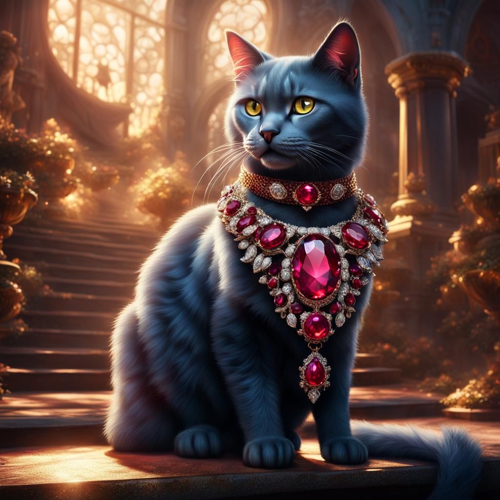 Diamond Cat with Ruby Collar, Fantasy Art