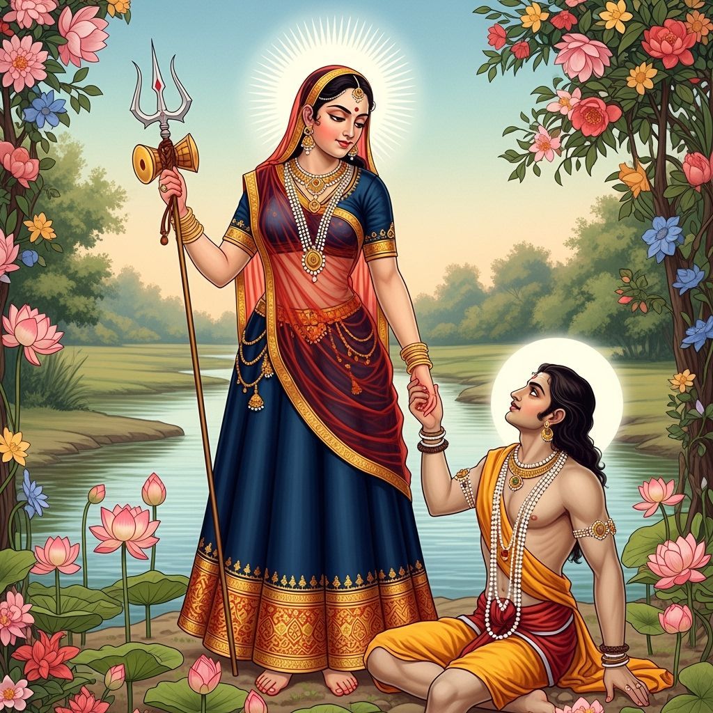 Indian Goddess with Trident Beside River in Traditional Styl...