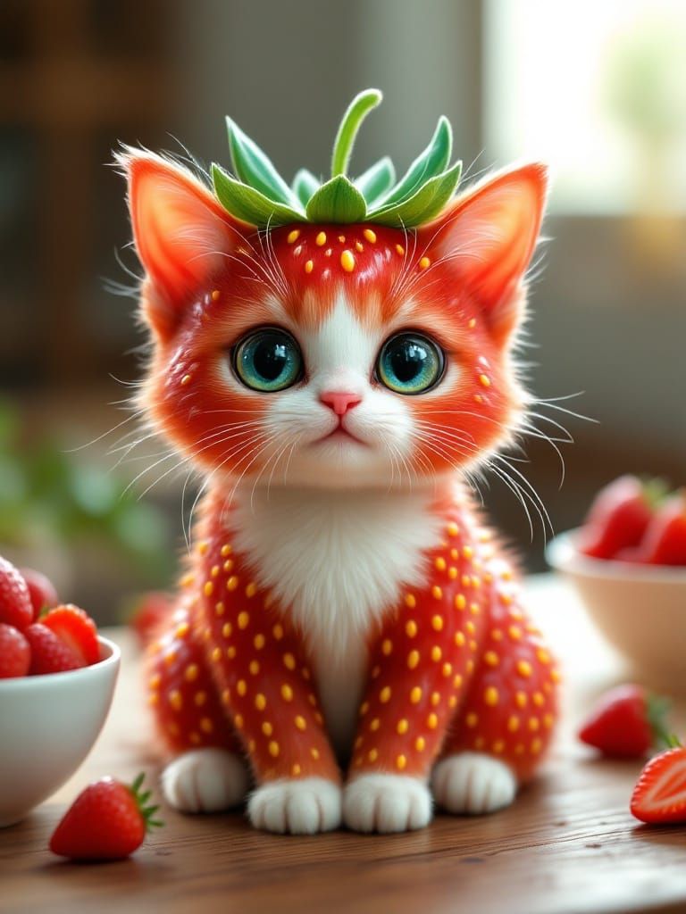 Adorable Strawberry Kitten in Whimsical Fairytale Style