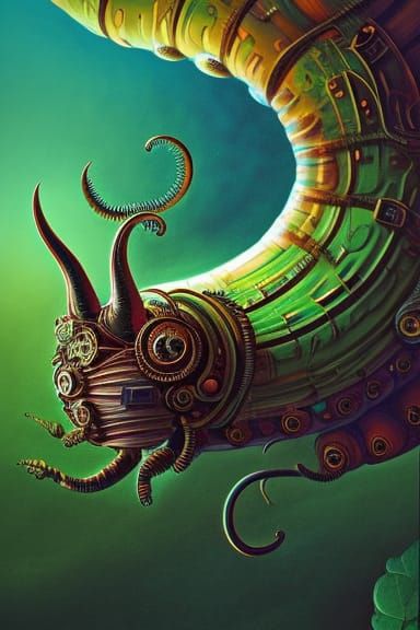 Steampunk Caterpillar on Rolling Hills, Detailed Fantasy Art