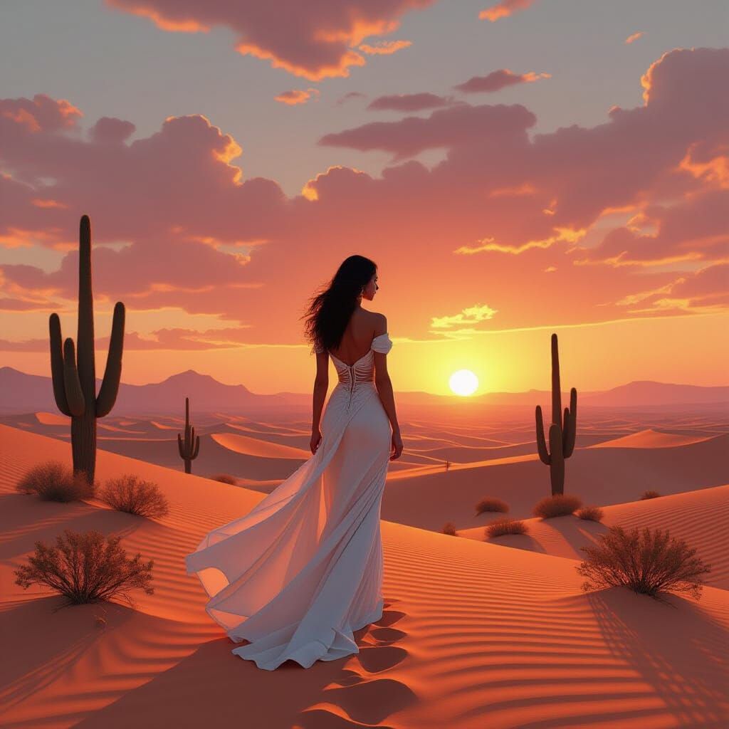 Woman in Elegant Attire Walks Desert at Sunset