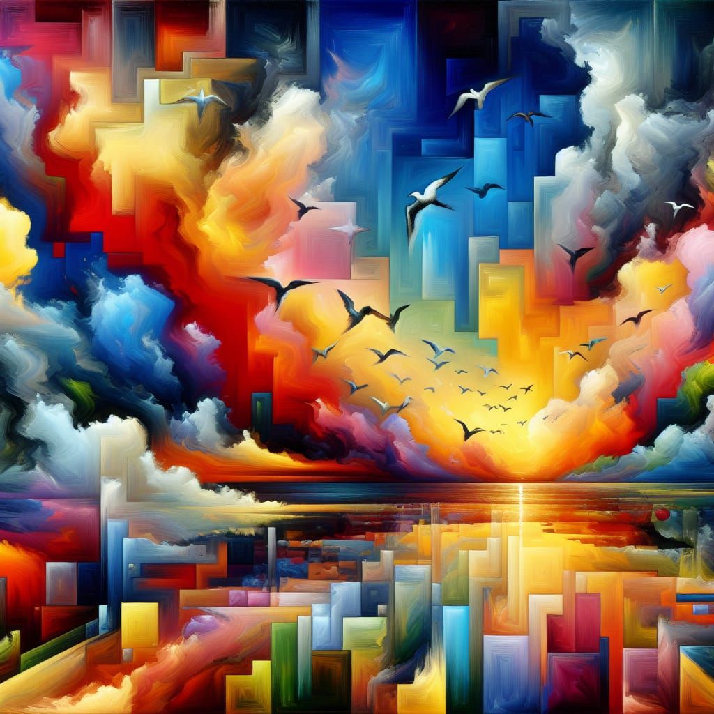 Geometric Sky Scene with Birds in Acrylic