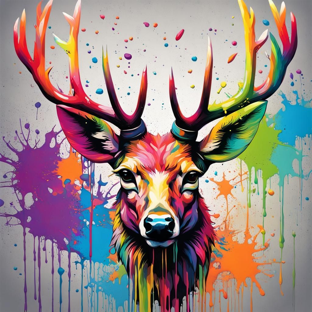 Rainbow Deer Graffiti Art with Antlers