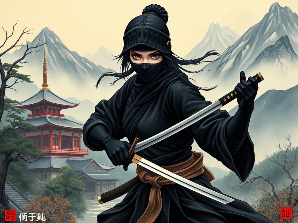 Confident Ninja Woman in Traditional Japanese Setting