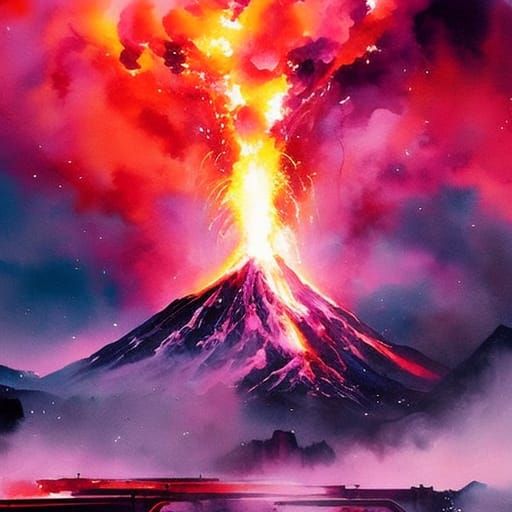 Volcano Eruption Close-Up in Watercolor Style