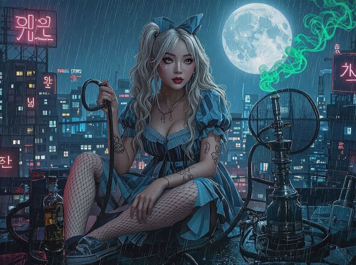 Gothic Asian Woman on Cyberpunk Rooftop Under Moonlight