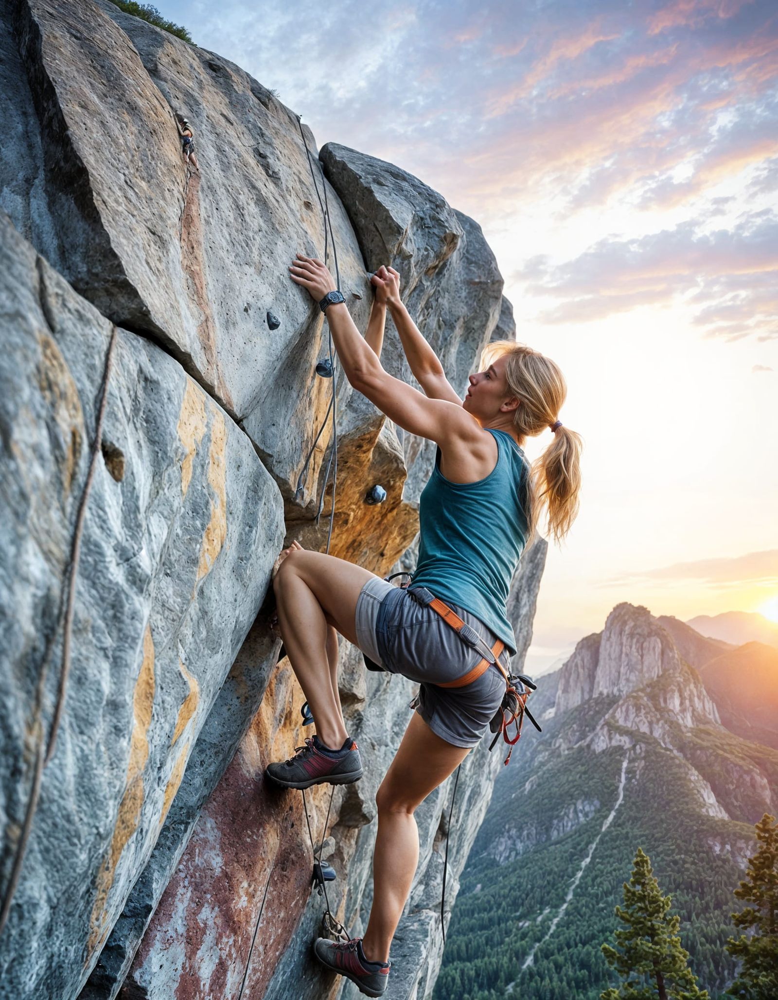 Female Free Solo Climber at Sunrise in Photorealism