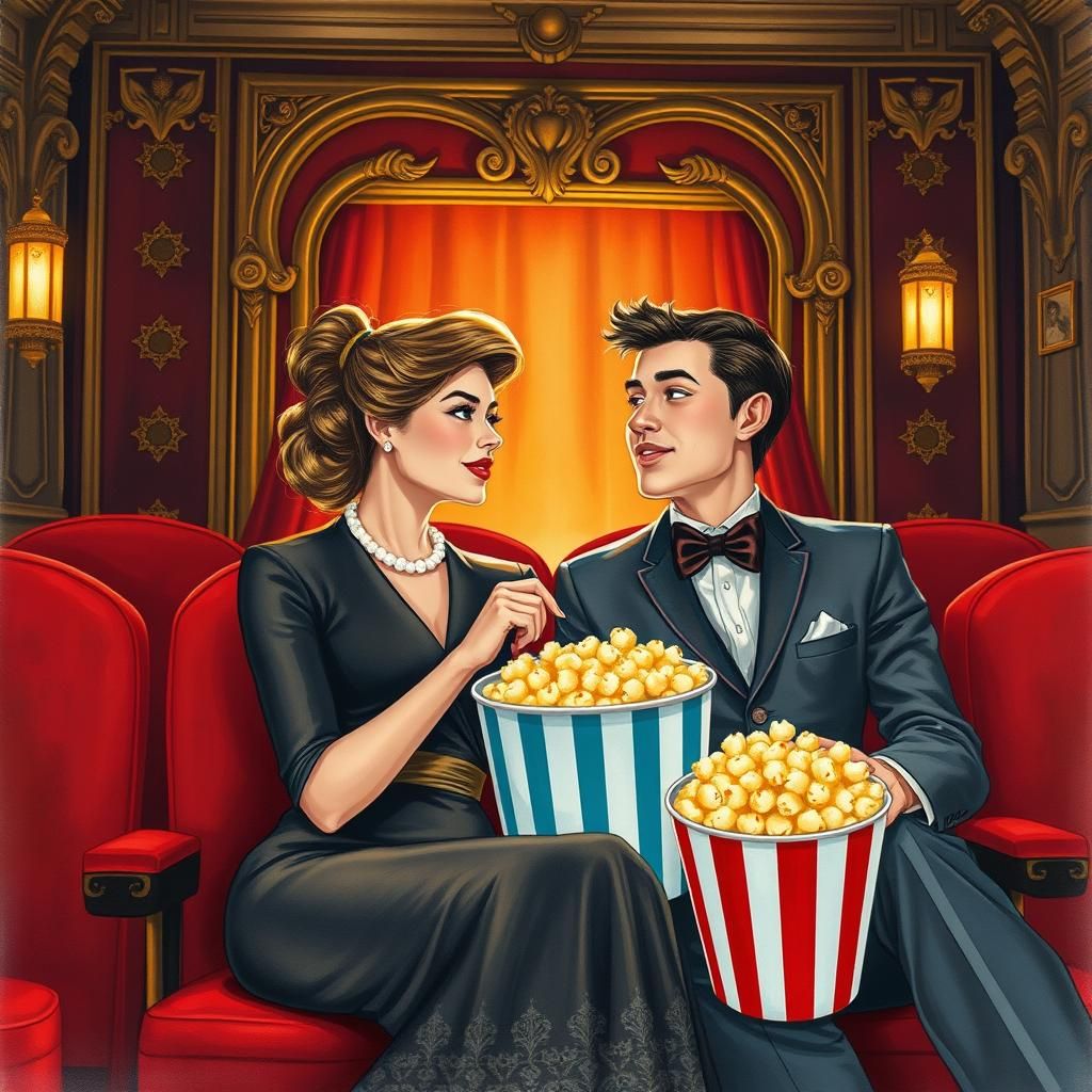 couple watching cinema and eating popcorn,inspiration by Christine Stafford mixed and watercolor mixed. Intricate, hyper...