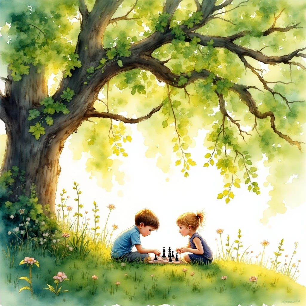 Whimsical Watercolor Scene of Twin Siblings Playing Chess