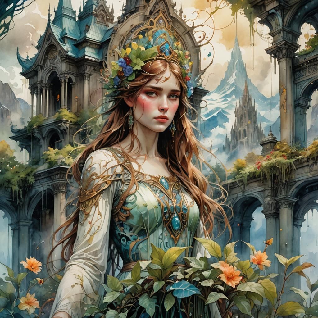 Overgrown Mountain Temple in Art Nouveau Style