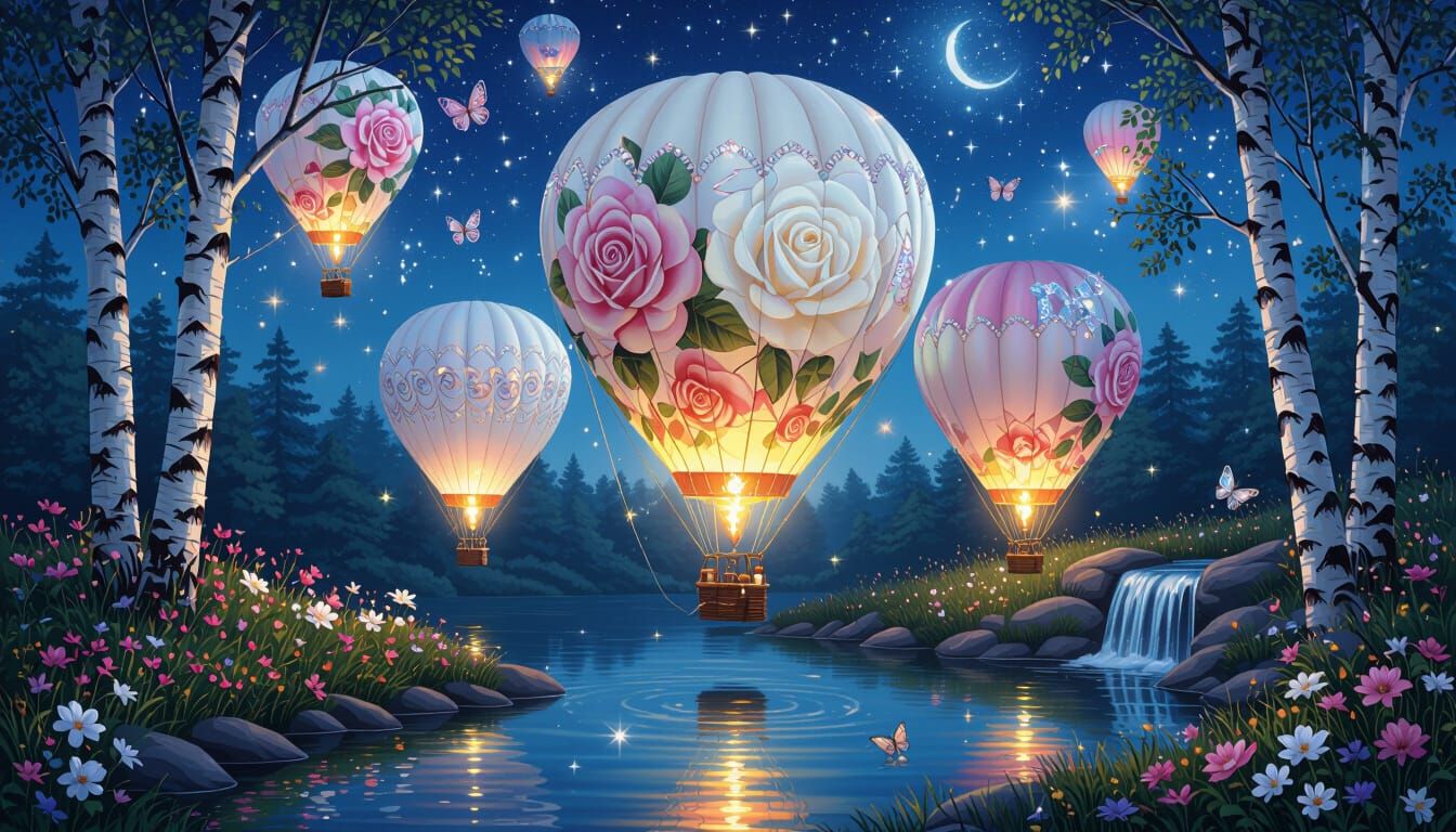 Rose Hot Air Balloons Reflected at Night