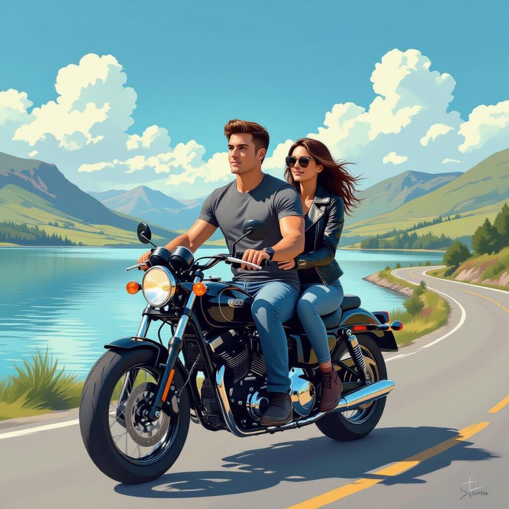 Motorbike Ride by Serene Lake: Digital Art
