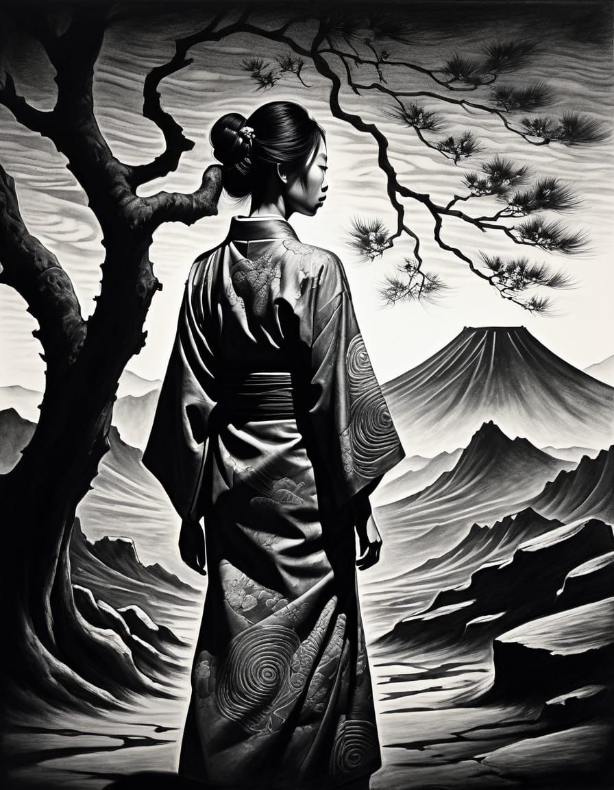 Japanese Woman on Alien Planet: Surreal Charcoal Drawing