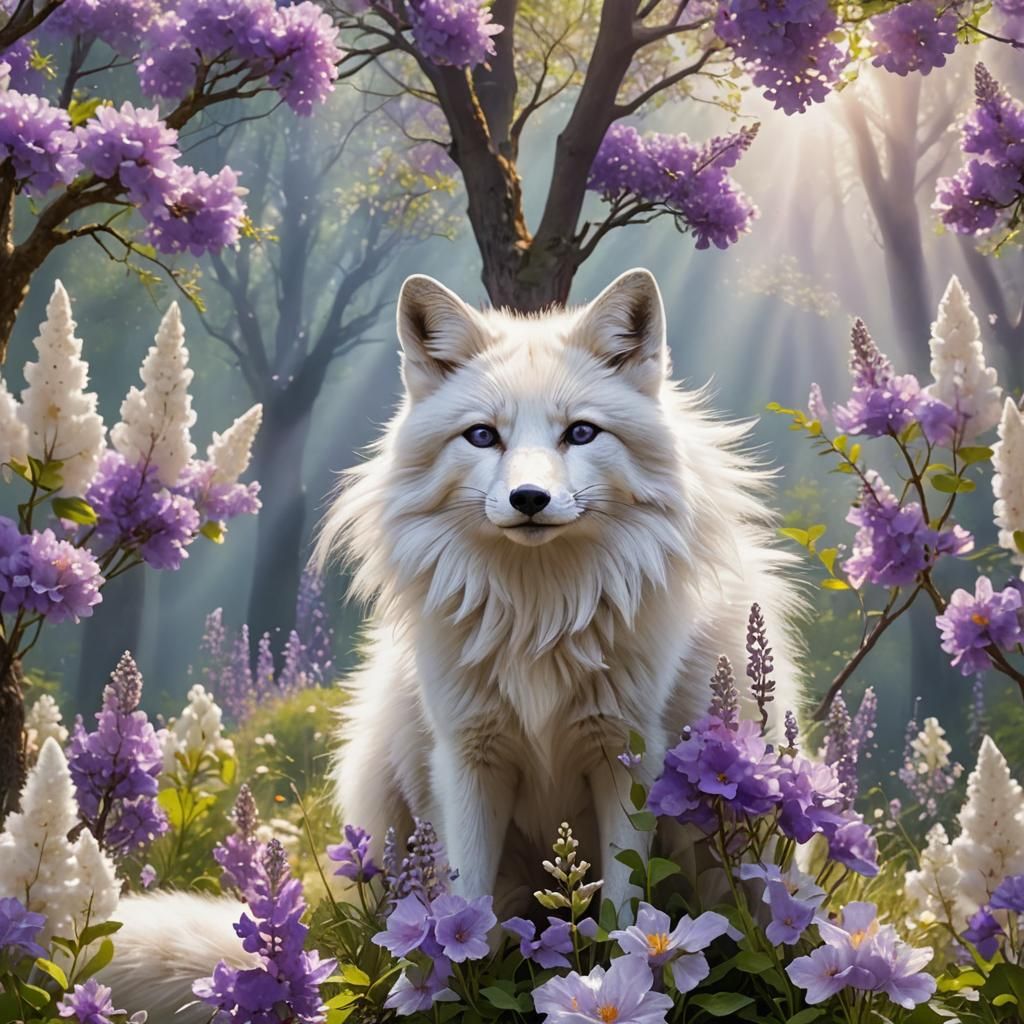 White Fox with Purple Flowers in Sunlit Forest