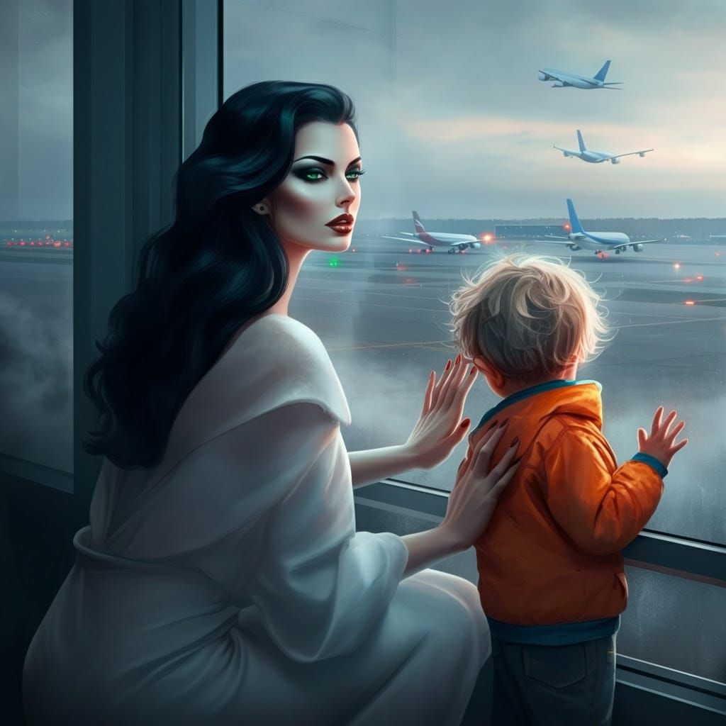 Ethereal Airport Scene: Woman and Child Gaze at Airplanes