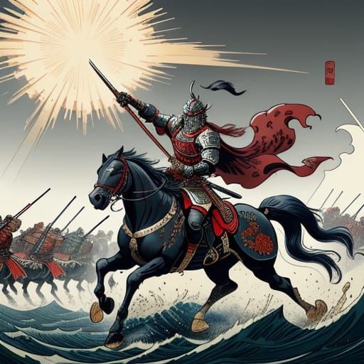 A Royal knight..Horseman Illuminated ukiyo-e in great battle