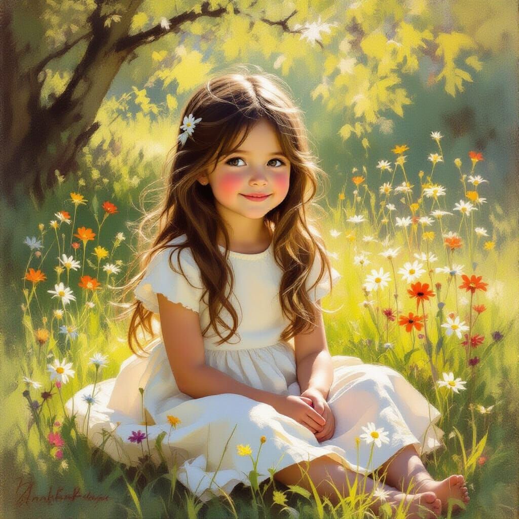 Beautiful Girl in Sunlit Meadow, Painterly Style
