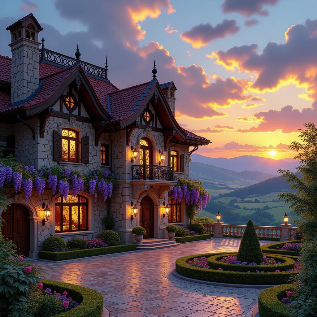 Majestic Renaissance Manor in Golden Sunset Light