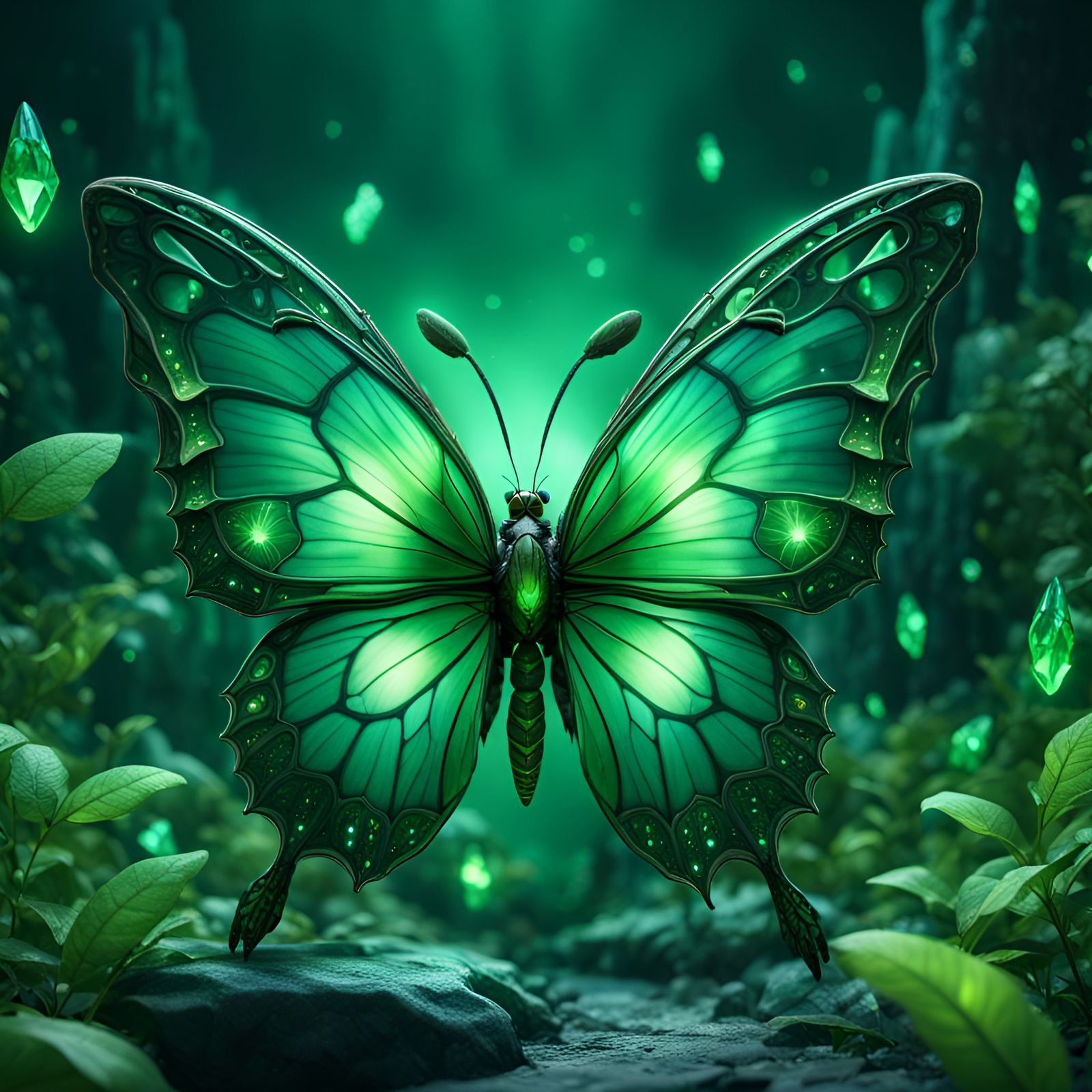 Green Crystal Night Butterfly Digital Art