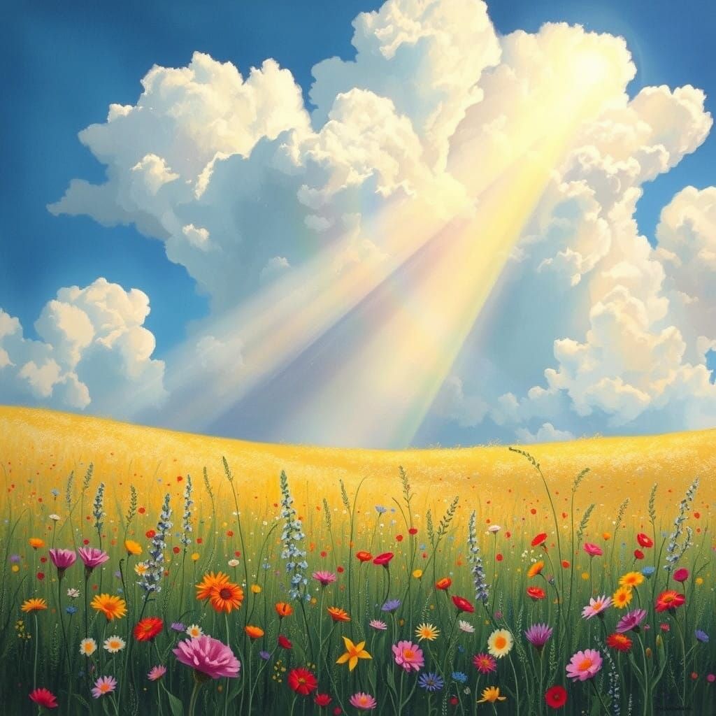 Vibrant Wildflowers Dance in the Soft Light of a Parting Rai...