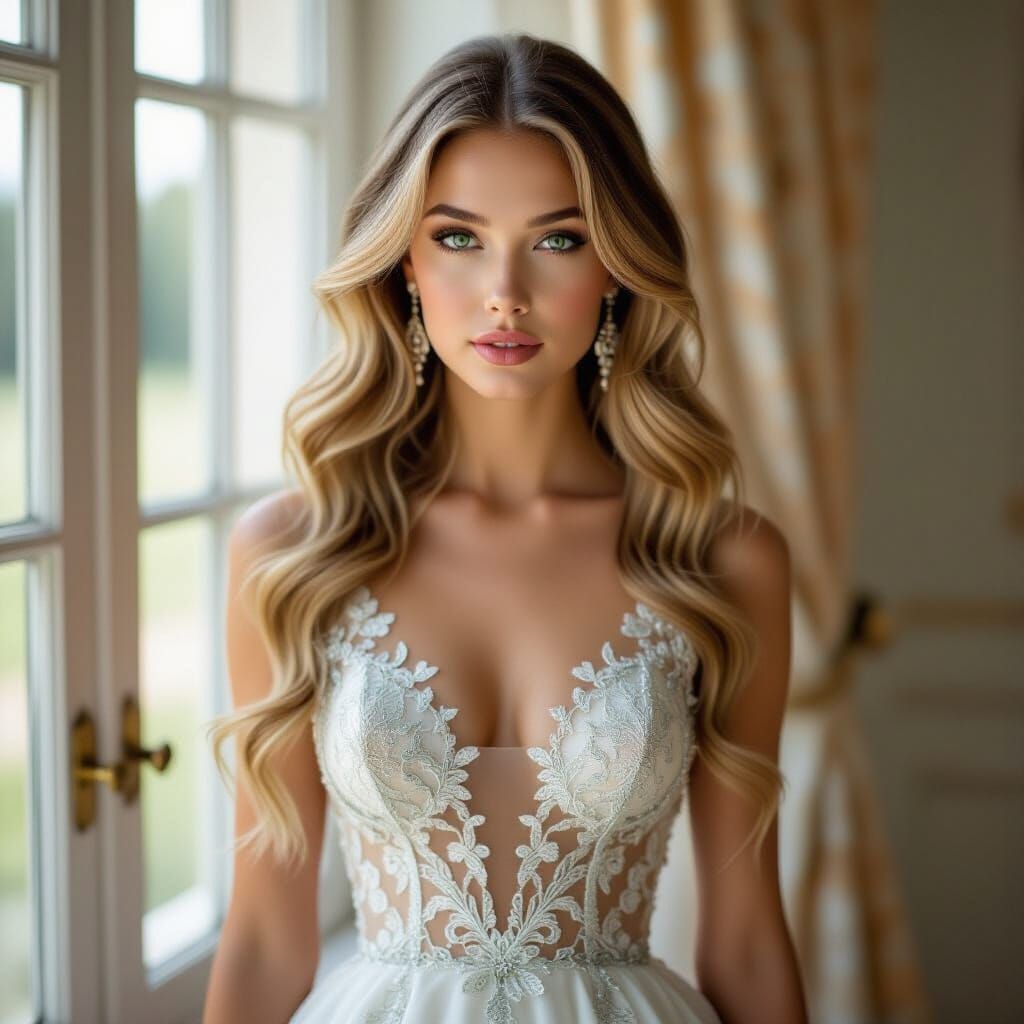 Blonde Woman with Emerald Eyes in Embroidered Gown