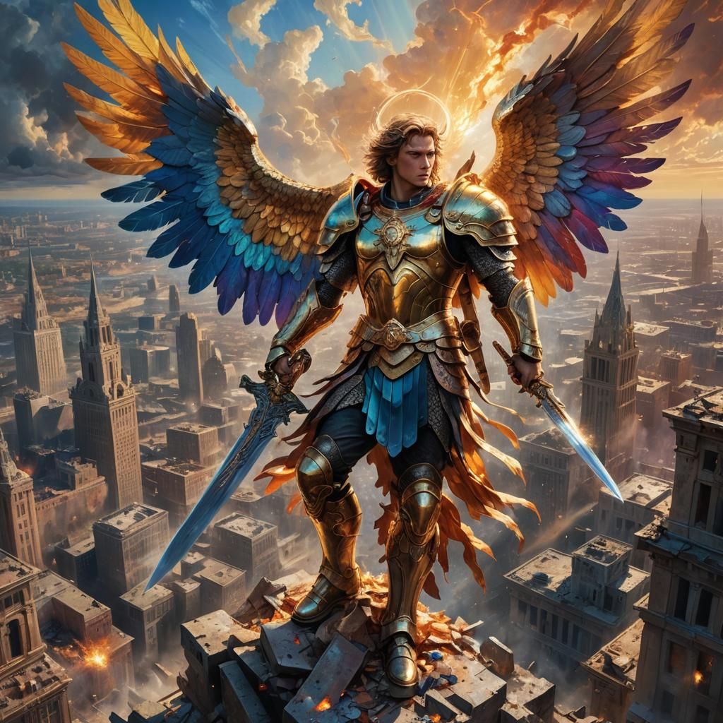 Archangel Michael Victorious in Ruined Cityscape