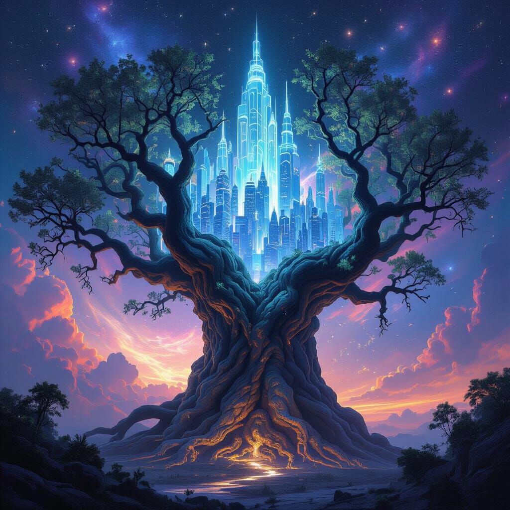 Ancient Tree Reveals Holographic Cityscape Amidst Nebula