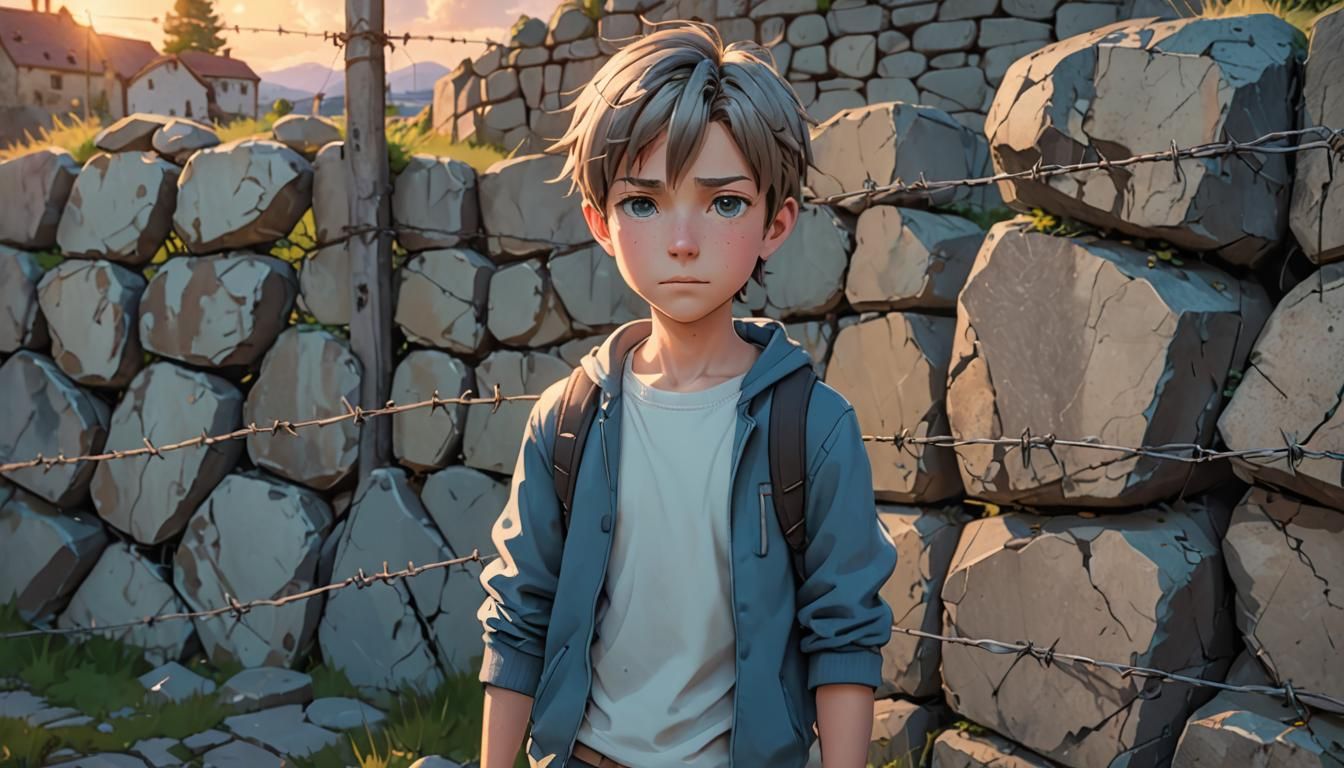 Anime Style Boy Portrait with Barbed Wire Fence