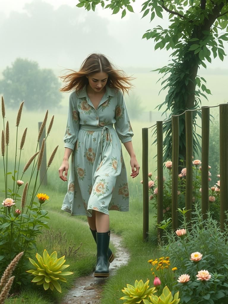 Woman in Garden in Drizzle: Watercolor Illustration