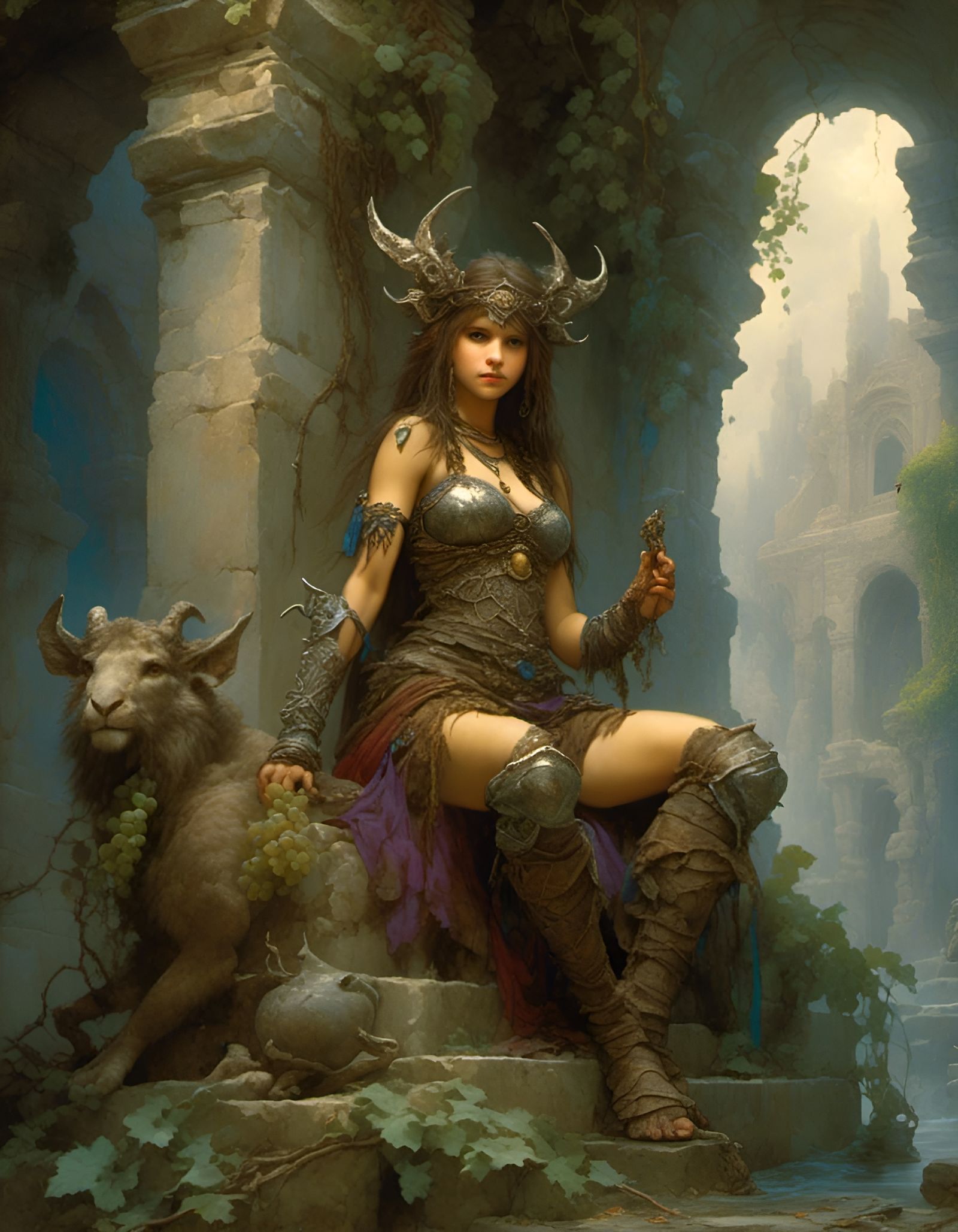 Mythical Satyress in Ruins: Art Nouveau Oil Painting