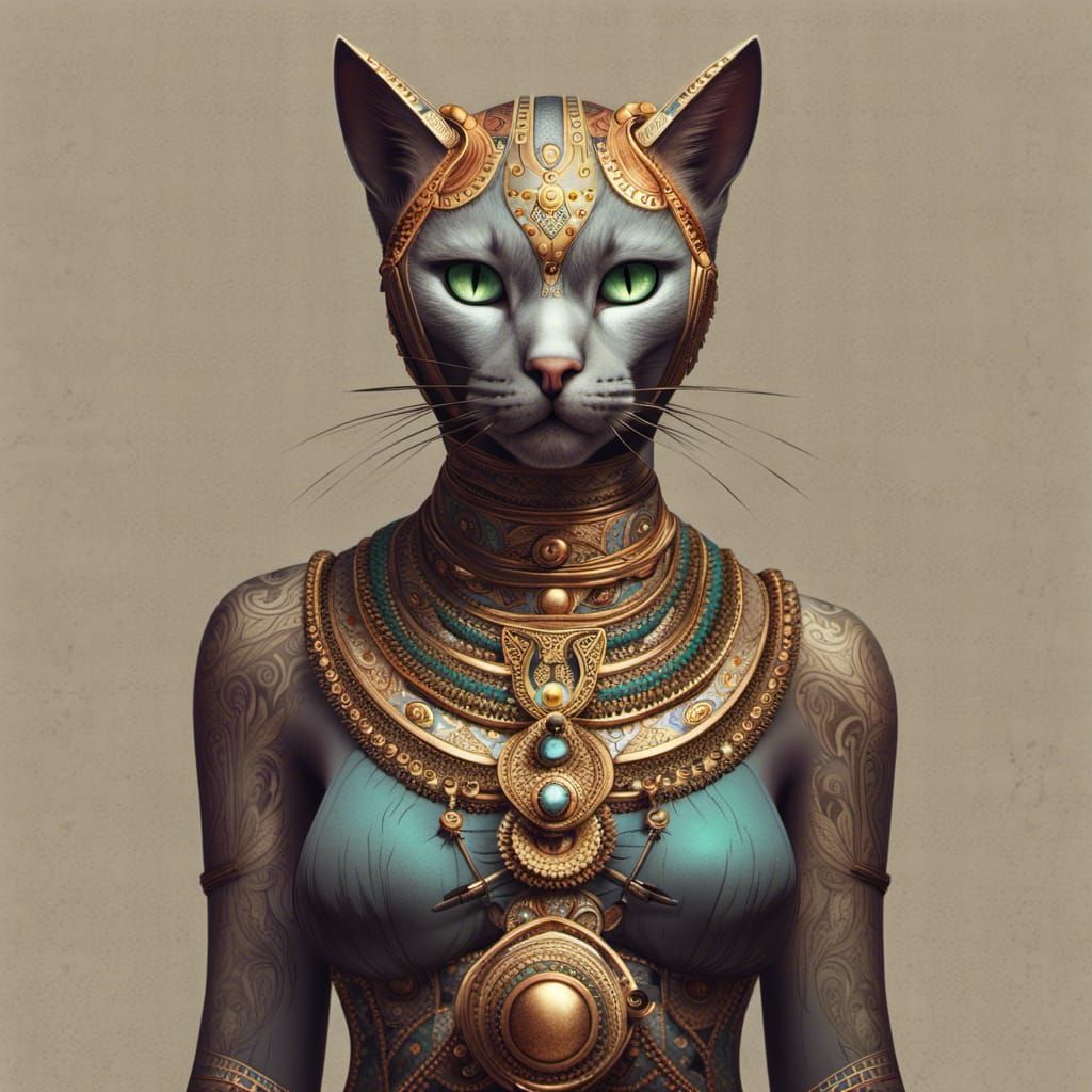 Goddess Bastet Cat-Human Hybrid in Detailed Art