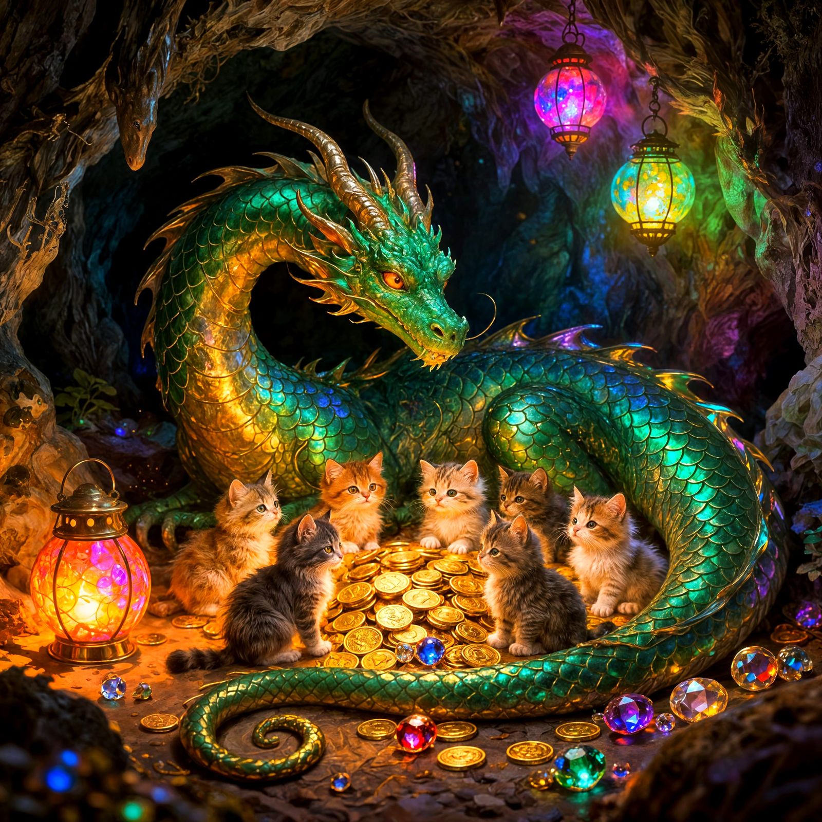 Dragon Guards Fluffy Kittens in Glowing Cave