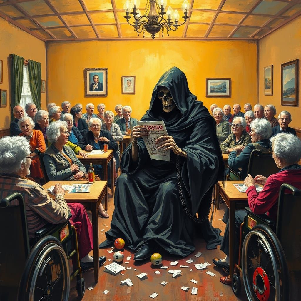 Grim Reaper Plays Bingo: Surreal Impressionist Art