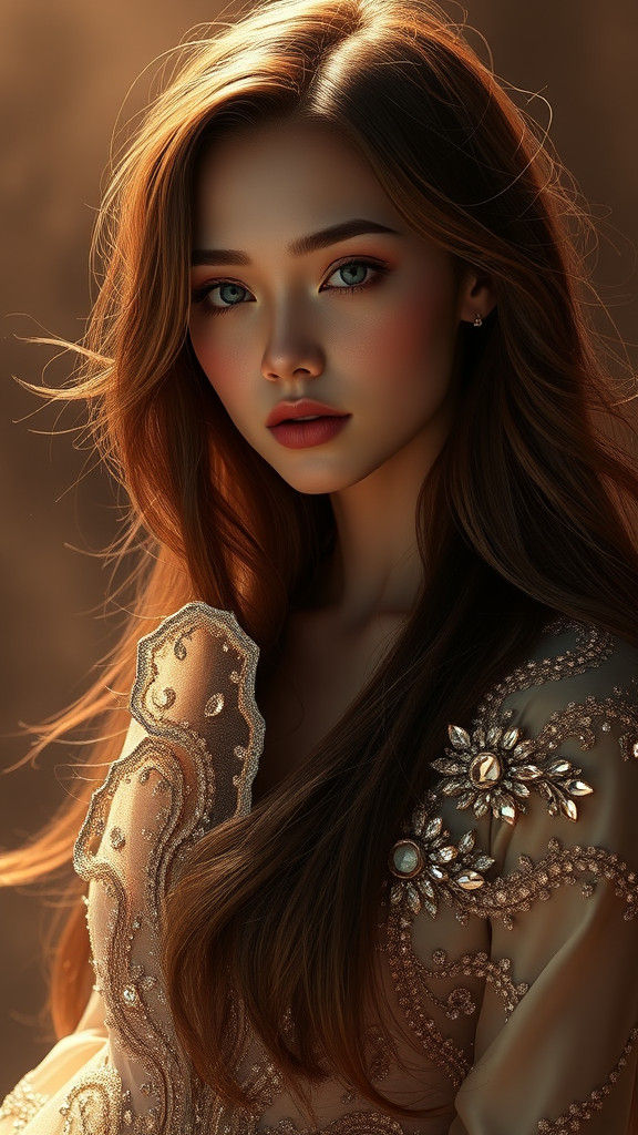 Hyperrealistic Beauty in Silk and Crystal Gown