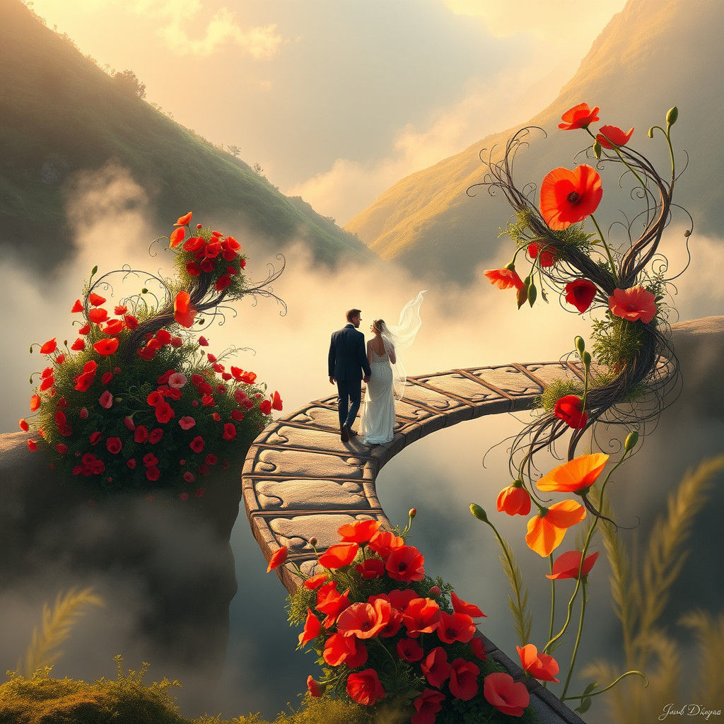Celtic Bridge with Poppies, Ethereal Wedding Scene