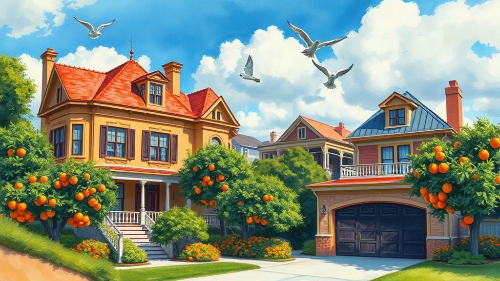 Victorian Luxury Estate Amidst Vibrant Orange Orchard