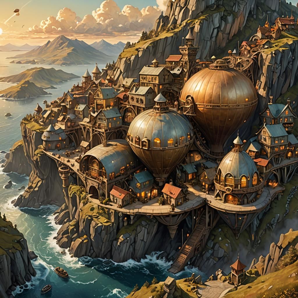 Whimsical Dwarven Town with Steampunk Airships