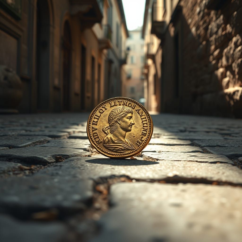 Roman Coin in Ancient Street Scene, Hyperrealistic Art