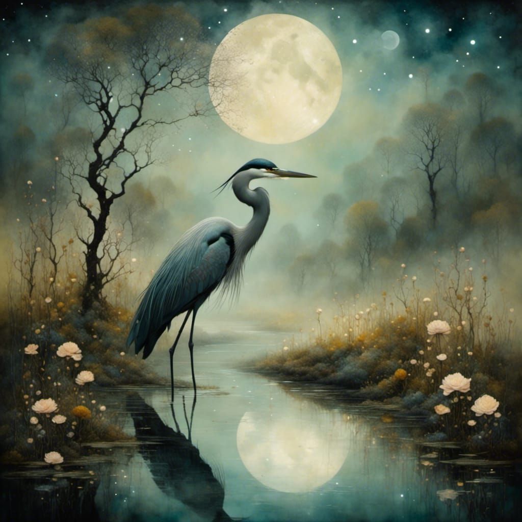 Heron at Misty Pond in Magical Surrealism Style