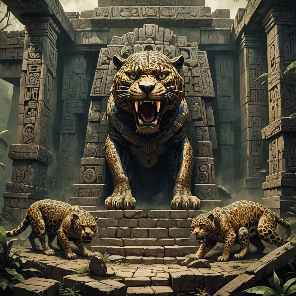 Sinister Mayan Temple Jaguars: A Greg Rutkowski-Style Scene
