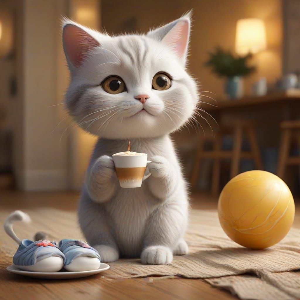 Cartoon Cat with Cappuccino in Pixar Style