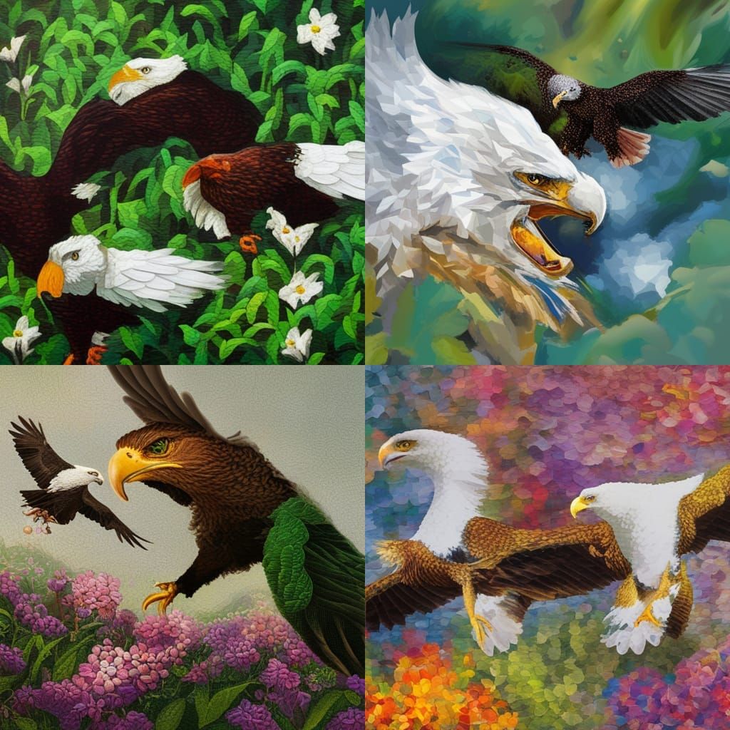 Eagles Flying Over Flower Field in Mosaic Style