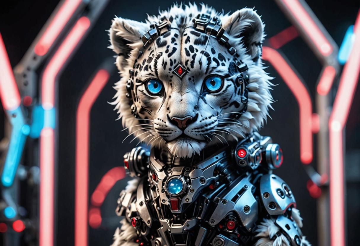 Newborn Snow Leopard Cyborg with Red Robotic Eyes