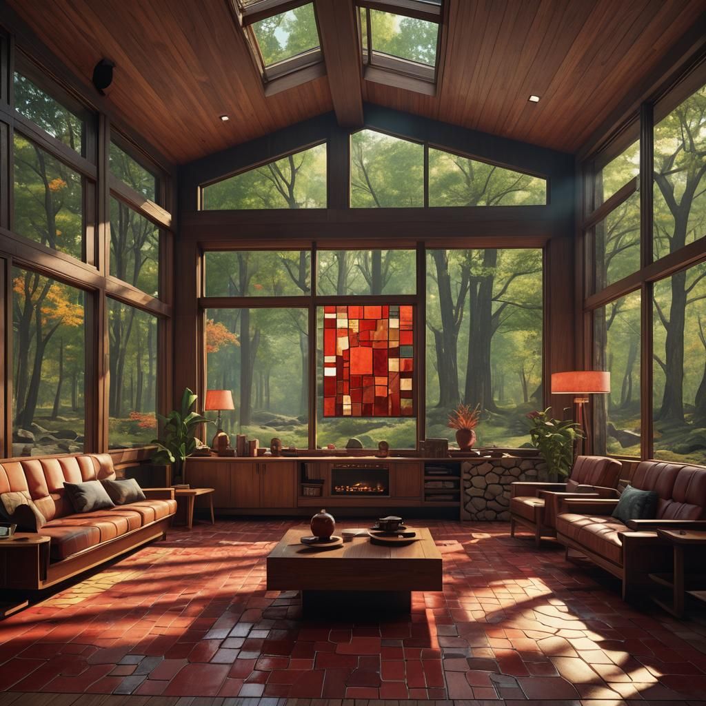 Usonian Living Room with Stained Glass in Unreal Engine
