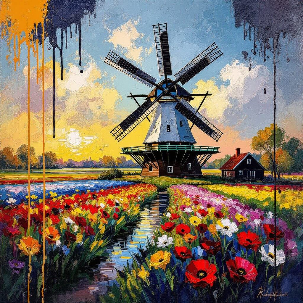 Dutch Windmill Flower Field Painting with Golden Hour Light