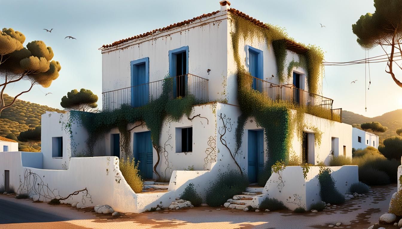 Abandoned Fishermen's Houses in Ibiza, Gouache Style