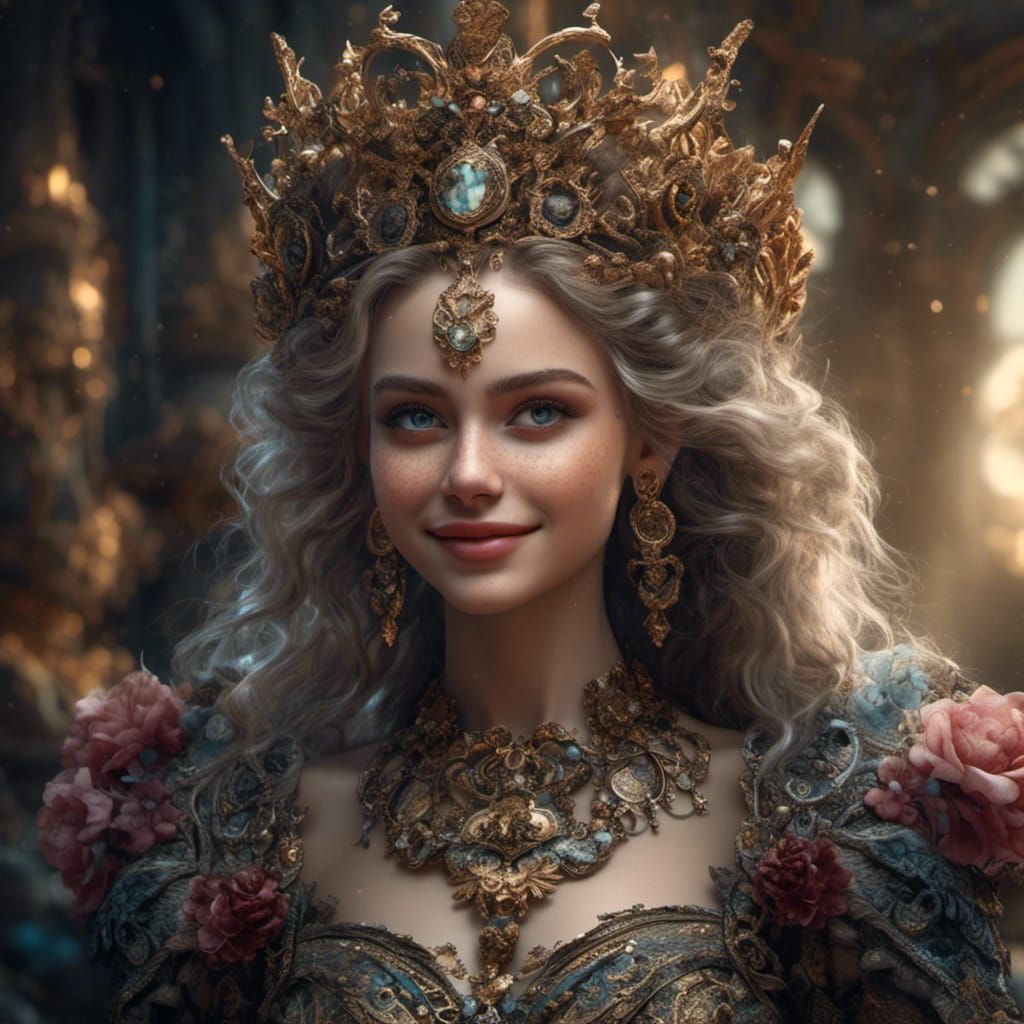 Hyperrealistic Metal Princess Portrait with Friendly Smile