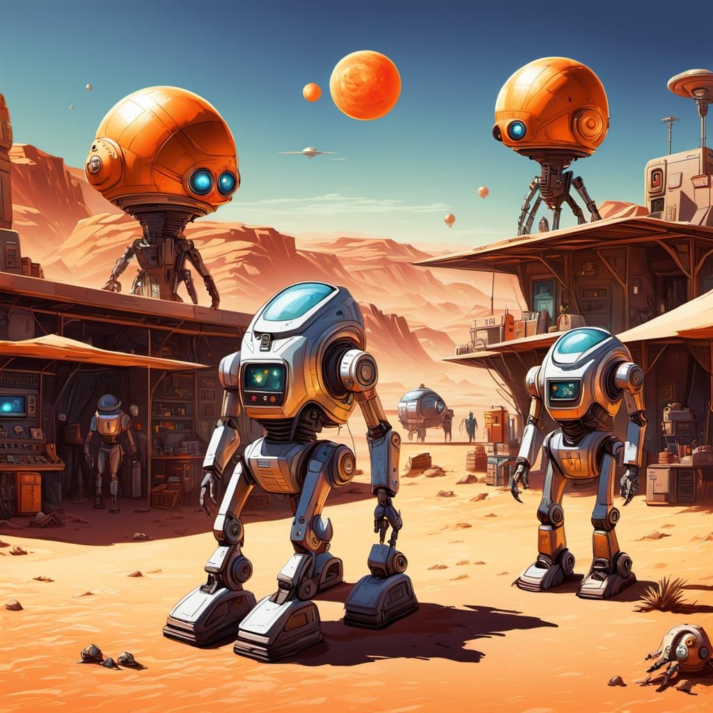 Alien Marketplace on Desert Planet in Vintage Futurism Style
