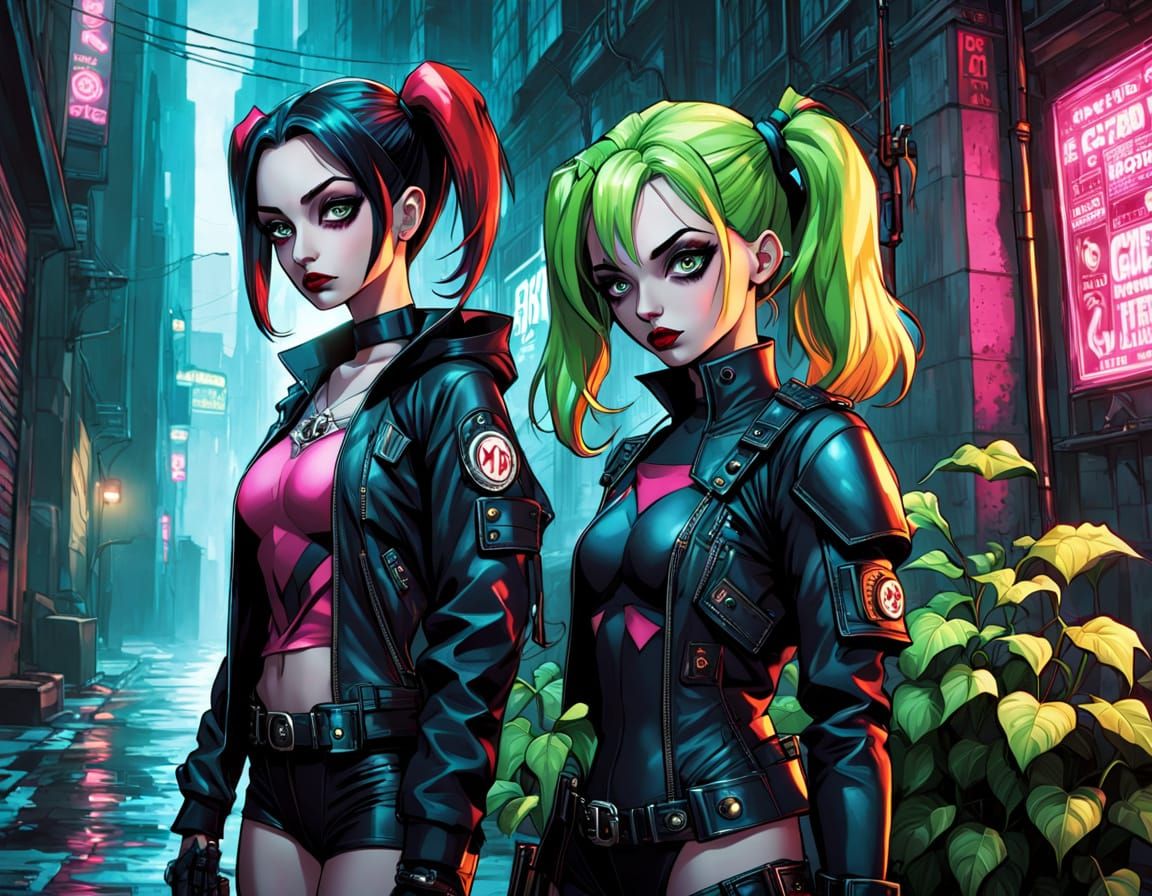 Cyberpunk Queens of Crime in Dark Alleyway