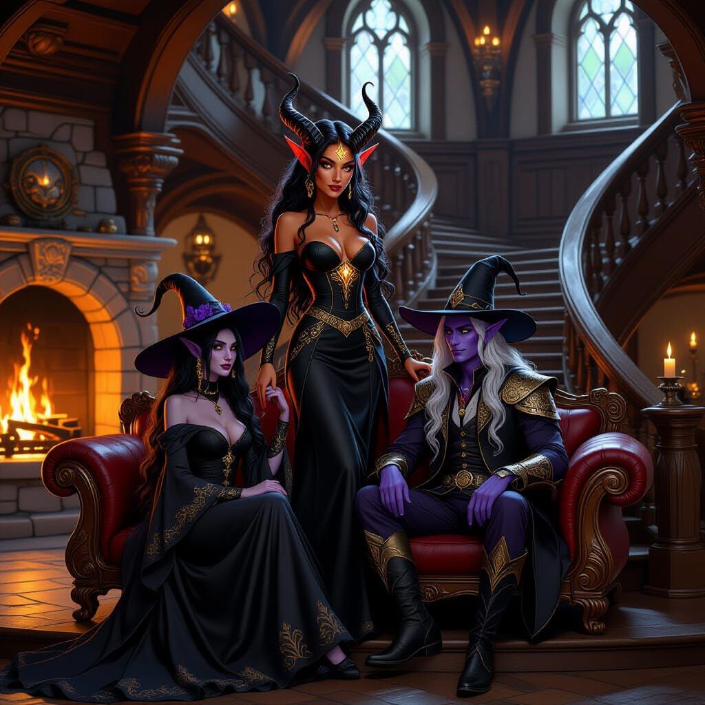 Tiefling Descends Staircase in Magical Elven House